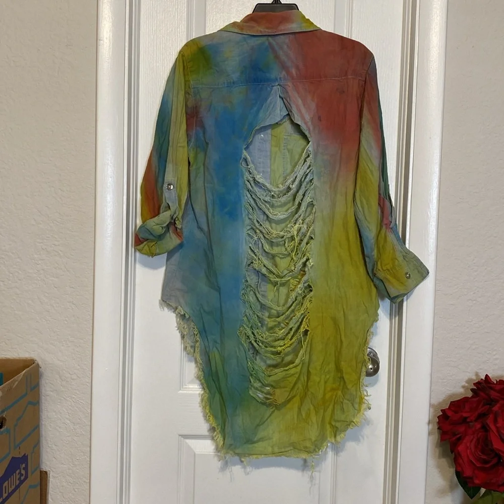 Colorful Distressed Button-Up Shirt - Picture 2 of 4
